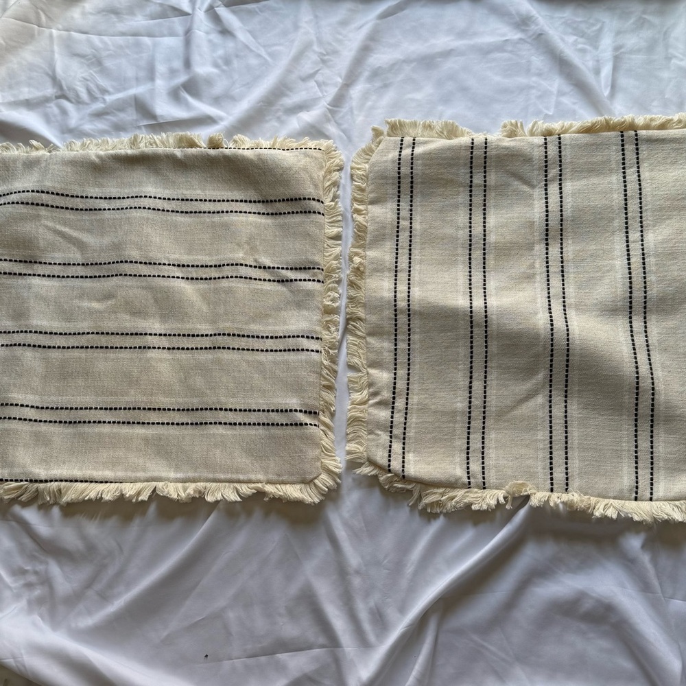 Cream and Black Striped Fringed Pillow Covers Set